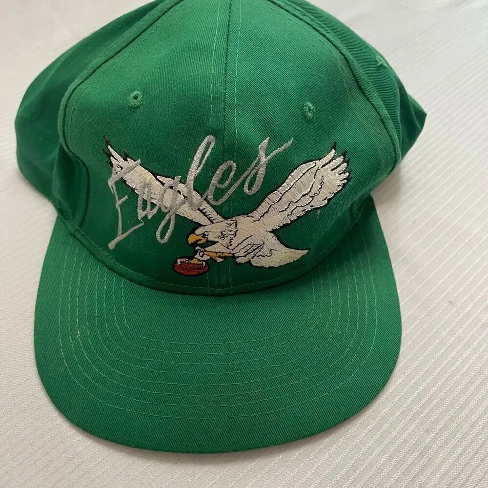 VTG 90s Philadelphia Eagles Cursive Script Snapback Hat Green Baseball Cap NFL
